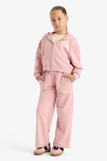 Kız Çocuk 2'li Takım Baskılı Kapüşonlu Fermuarlı Sweatshirt Eşofman Altı