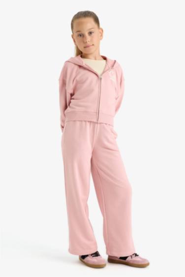 Kız Çocuk 2'li Takım Baskılı Kapüşonlu Fermuarlı Sweatshirt Eşofman Altı