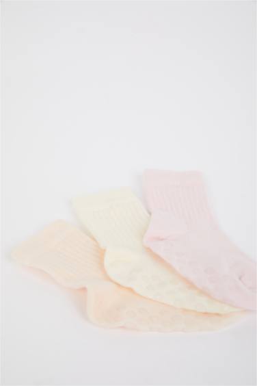 Kız Bebek Basıc Düz Kaydırmaz Taban 3'lü Pamuklu Uzun Çorap