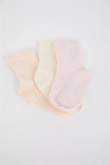 Kız Bebek Basıc Düz Kaydırmaz Taban 3'lü Pamuklu Uzun Çorap
