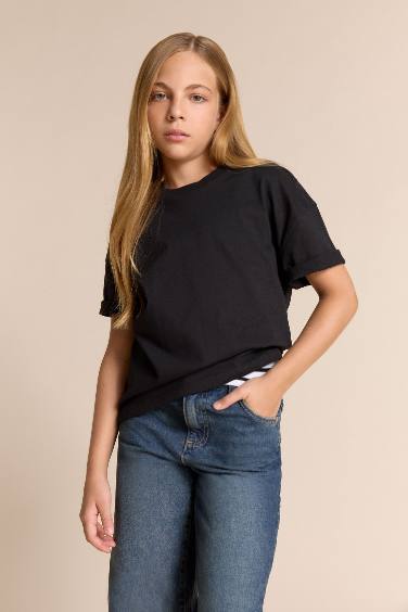 Kız Çocuk Relax Fit Bisiklet Yaka Kısa Kollu Okul Tişörtü