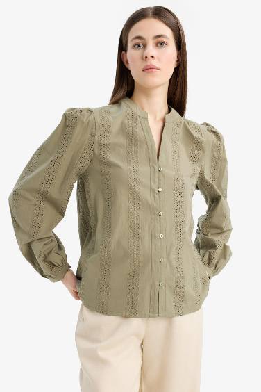 Regular Fit Bisiklet Yaka Brode Uzun Kollu Gömlek