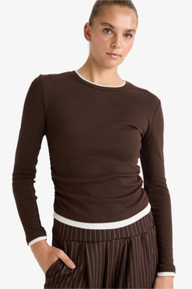 Slim Fit Dar Kesim Bisiklet Yaka Ribana Uzun Kollu Tişört