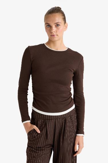 Slim Fit Dar Kesim Bisiklet Yaka Ribana Uzun Kollu Tişört