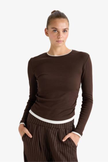 Slim Fit Dar Kesim Bisiklet Yaka Ribana Uzun Kollu Tişört