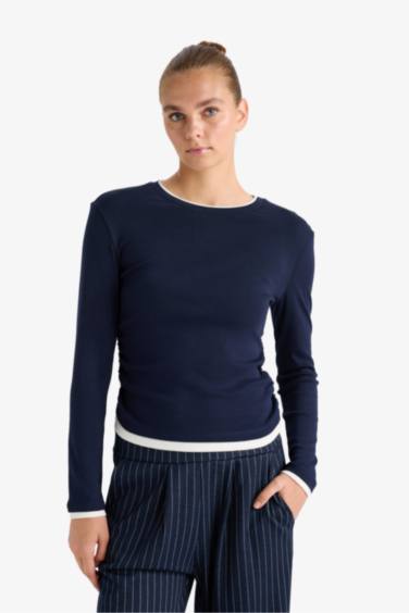 Slim Fit Dar Kesim Bisiklet Yaka Ribana Uzun Kollu Tişört