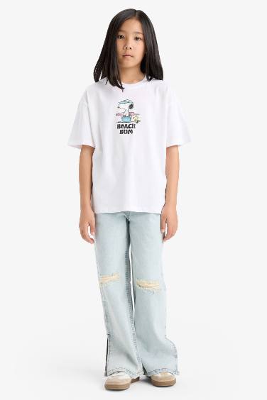 Kız Çocuk Snoopy Oversize Geniş Kalıp Bisiklet Yaka Sırt Baskılı Kısa Kollu Tişört