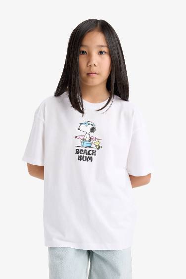 Kız Çocuk Snoopy Oversize Geniş Kalıp Bisiklet Yaka Sırt Baskılı Kısa Kollu Tişört