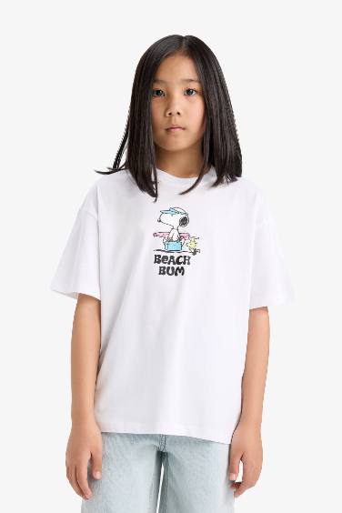 Kız Çocuk Snoopy Oversize Geniş Kalıp Bisiklet Yaka Sırt Baskılı Kısa Kollu Tişört