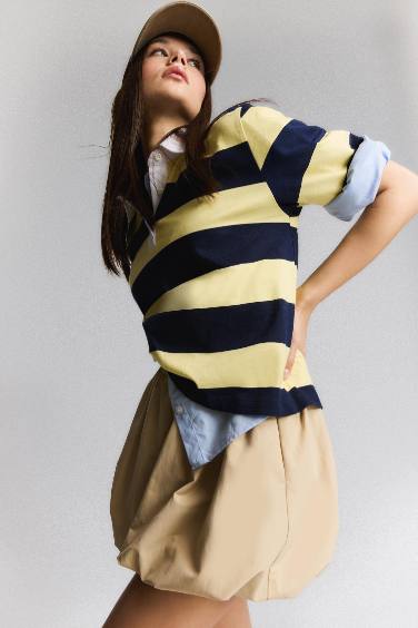 Loose Fit Polo Neck Striped T-Shirt