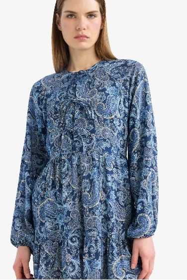 Bisiklet Yaka Desenli Uzun Kollu Mini Elbise