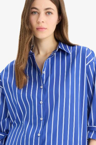 Oversize Geniş Kalıp Çizgili Poplin Uzun Kollu Gömlek