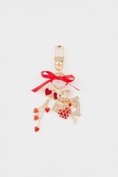 Woman Gold Red Heart Charm Keychain