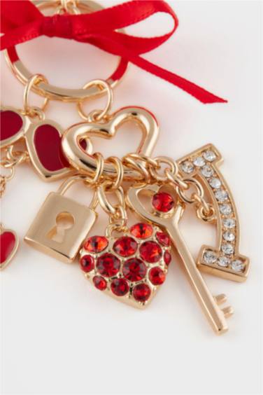 Woman Gold Red Heart Charm Keychain
