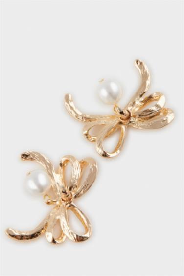 Woman Ribbon Pearl Gold Earrings