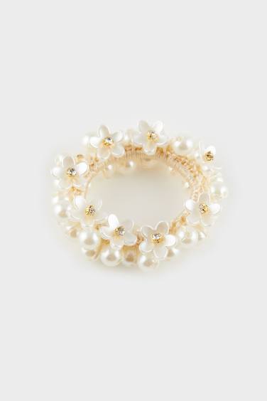 Woman Flower Patterned Pearl Elastic Buckle