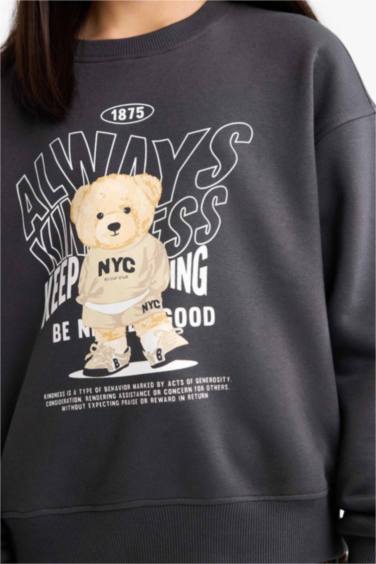 سويت شيرت بناتي مطبوع قصة مريحة ببطانة ناعمة