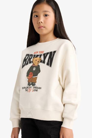 سويت شيرت بناتي مطبوع قصة مريحة ببطانة ناعمة