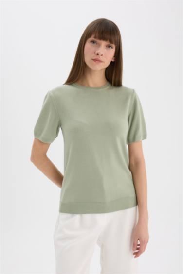 Regular Fit Basic Düz Bisiklet Yaka Kısa Kollu Triko Kazak