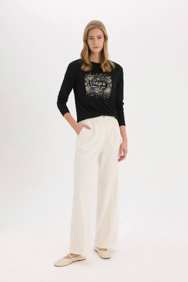 Regular Fit Bisiklet Yaka Hayvan Baskılı Uzun Kollu Tişört