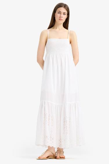 Elastic Collar Cotton Strappy White Maxi Dress