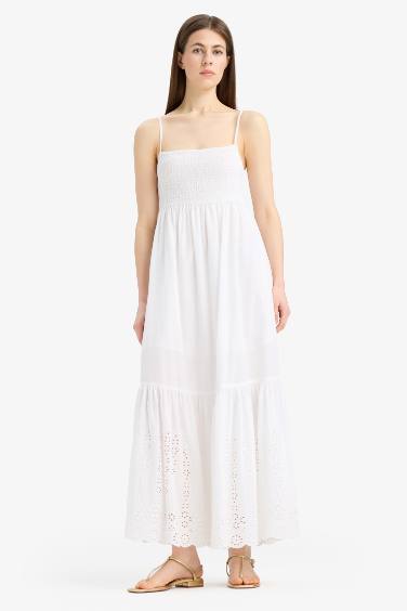 Elastic Collar Cotton Strappy White Maxi Dress
