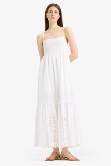 Elastic Collar Cotton Strappy White Maxi Dress