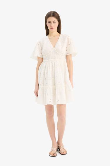 V-Neck Cotton Butterfly Sleeves Mini Dress