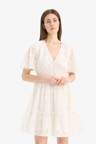V-Neck Cotton Butterfly Sleeves Mini Dress
