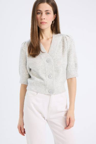 Cardigan en tricot slim avec boutons à col V et manches courtes