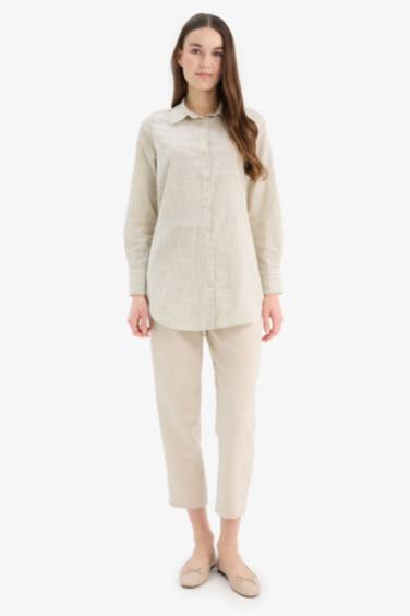 Regular Fit Çizgili Flamlı Pamuk Uzun Kollu Gömlek Tunik