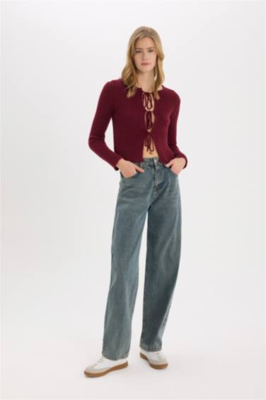 Regular Fit Bisiklet Yaka Bağlamalı Basic Düz Triko Bordo Hırka