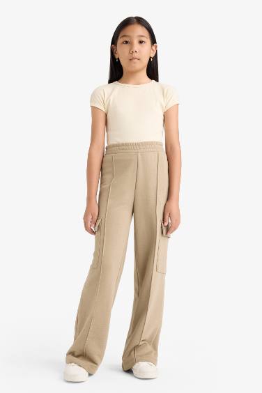 Kız Çocuk Beli Lastikli Wide Leg Kargo Eşofman Altı