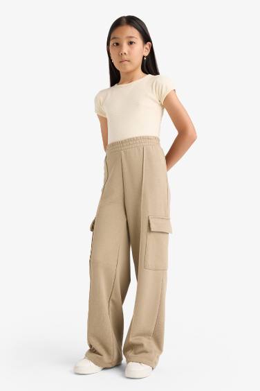 Kız Çocuk Beli Lastikli Wide Leg Kargo Eşofman Altı