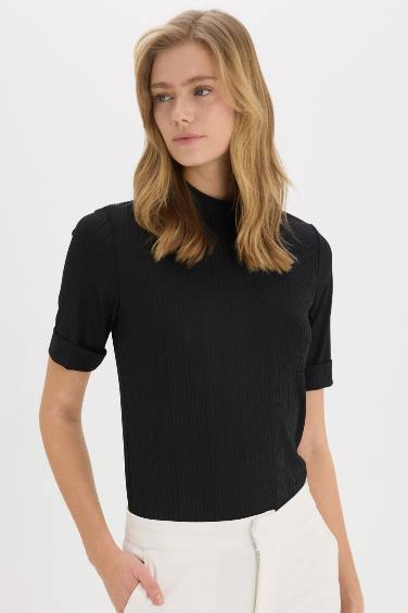 Slim Fit Half Turtleneck Basic Ribbed Camisole Black T-Shirt