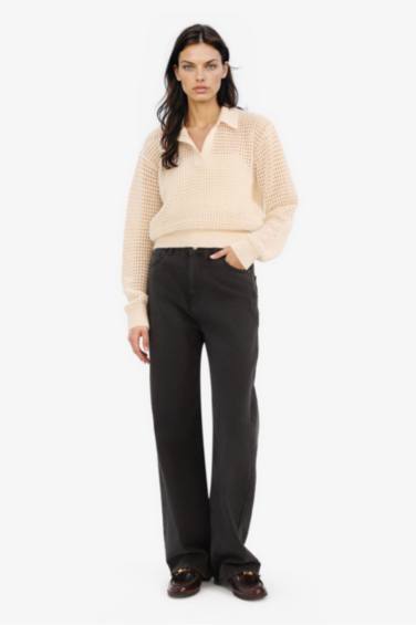 Relax Fit Polo Neck Basic Openwork Knit Pullover