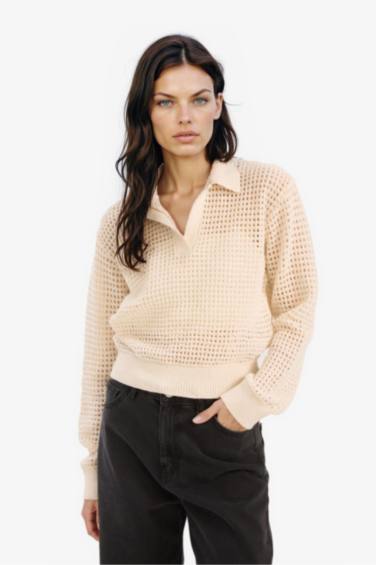Relax Fit Polo Neck Basic Openwork Knit Pullover