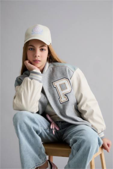 Girl College Collar Back Printed Bomber Jacket