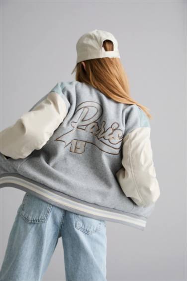 Girl College Collar Back Printed Bomber Jacket