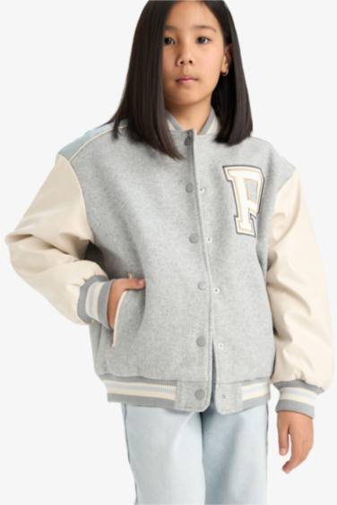 Girl College Collar Back Printed Bomber Jacket