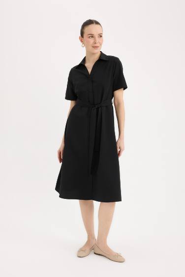 فستان ميدي بوبلين نص كم بقصة A بياقة قميص