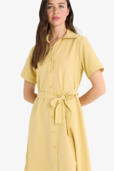 A Cut Shirt Collar Belted Poplin Short Sleeve Midi Dress
