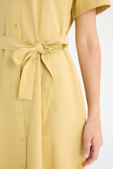 A Cut Shirt Collar Belted Poplin Short Sleeve Midi Dress