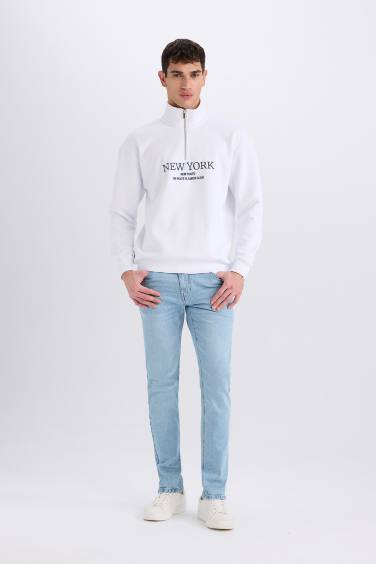 Boxy Fit Dik Yaka Fermuarlı Baskılı Sweatshirt
