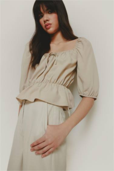 Стандартный крой у-образный вырез из льняной смеси с длинными рукавами