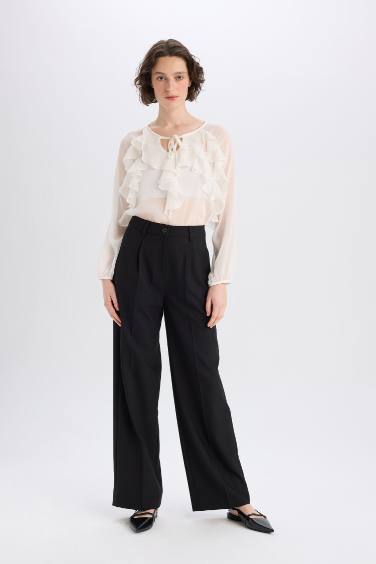 Регулярная посадка, блузка с длинным рукавом, из шифона с круглым вырезом и оборками