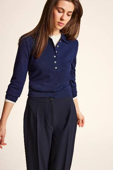 Regular Fit Polo Neck Basic Knitted Cardigan