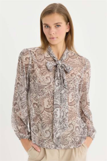 Regular Fit Fiyonk Yaka Şal Desenli Şifon Uzun Kollu Gömlek