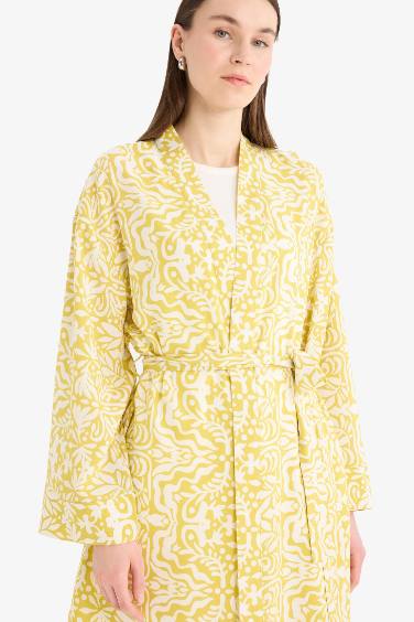Relax Fit Bisiklet Yaka Desenli Viskon Kimono