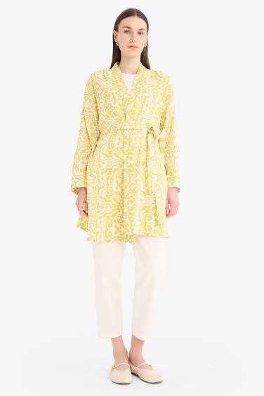 Relax Fit Bisiklet Yaka Desenli Viskon Kimono